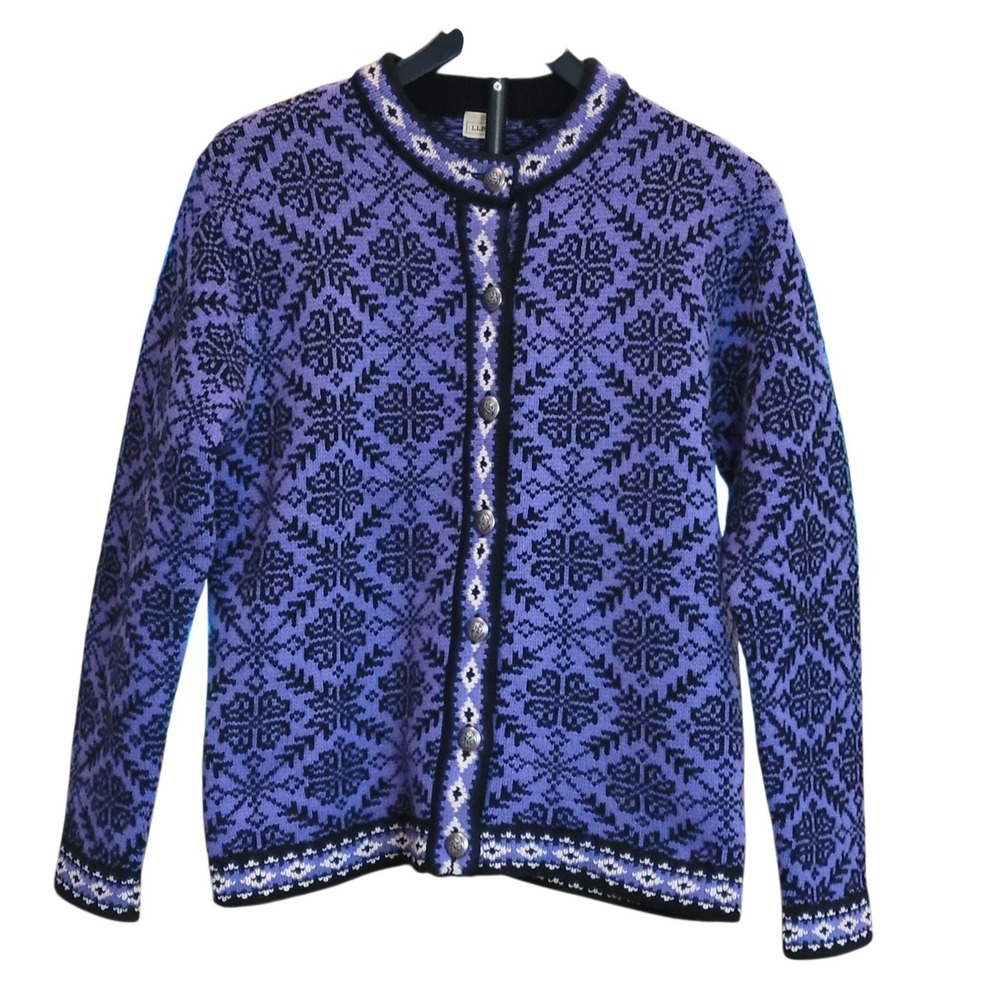LL Bean Sweater Womens Medium Purple Fair Isle Snowflake Cardigan Merino Nordic
